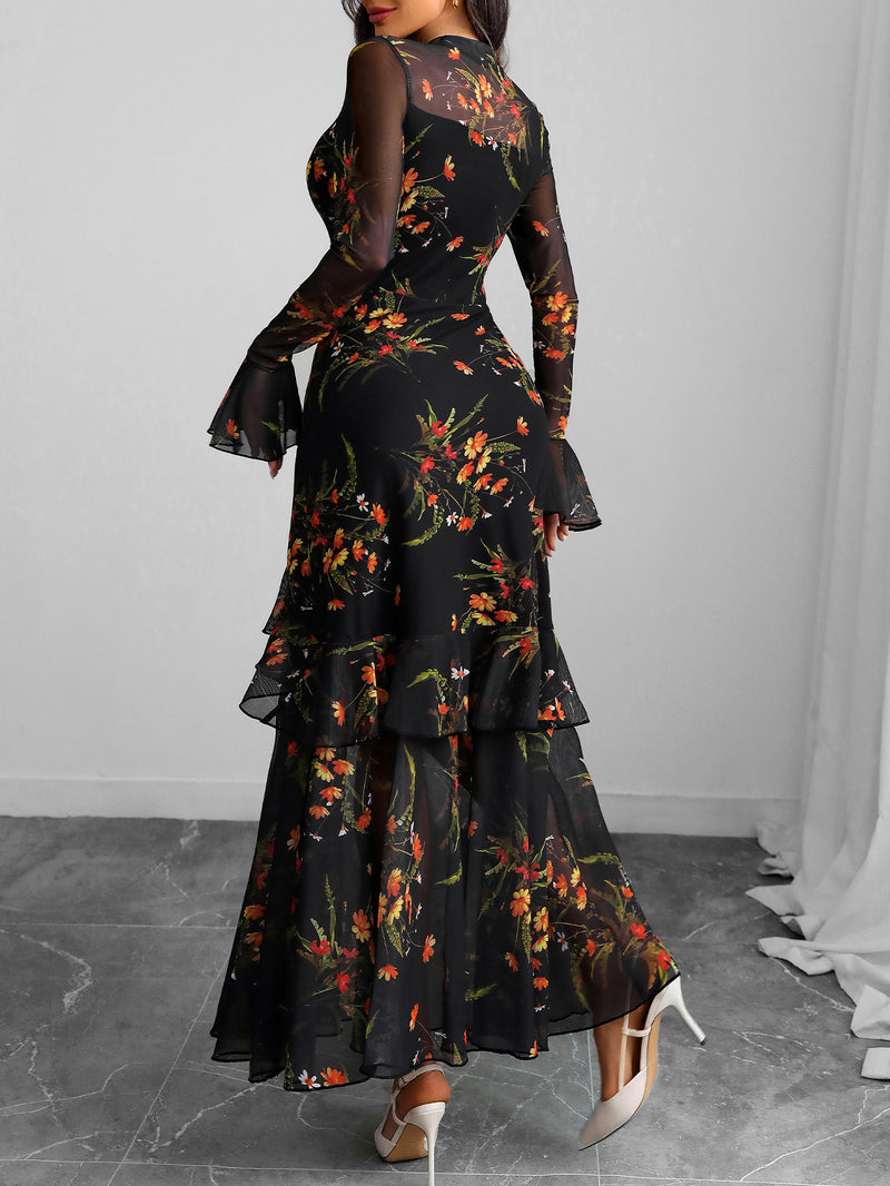 mesh long sleeve maxi dress black floral GothDark Womens Sheer Bell Tiered Ruffle DETAILS Description Composition Size:8-9Y (32) Old Navy Cocoon Dress Yellow Homecoming Dresses