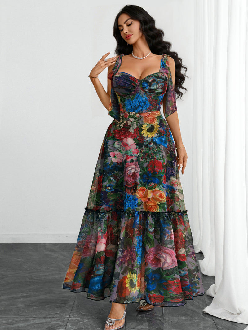 layered ruffle mesh dress Light Blue Coast Printed Tiered Ruffle Mesh Maxi Dress