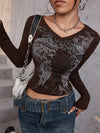 GothDark Grunge Floral and Wing Print Rhinestone Detail Rib-knit Tee