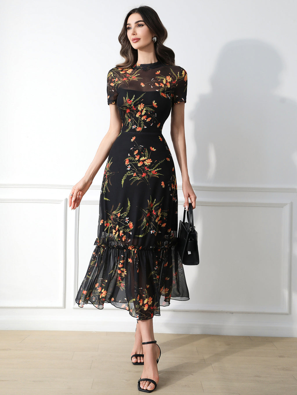 GothDark Womens Floral Mesh Long Sleeve A-Line Maxi Dress