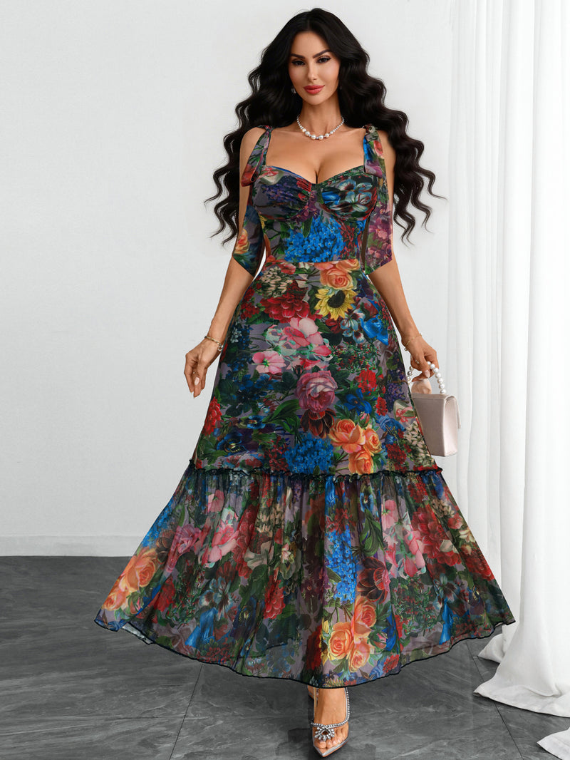 tiered mesh floral maxi dress GothDark Women's Floral Maxi Dress Tiered Ruffle Mesh A-Line Sweethear