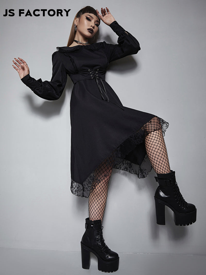GothDark Peter Pan Neck Frill Criss Cross Contrast Lace Dress