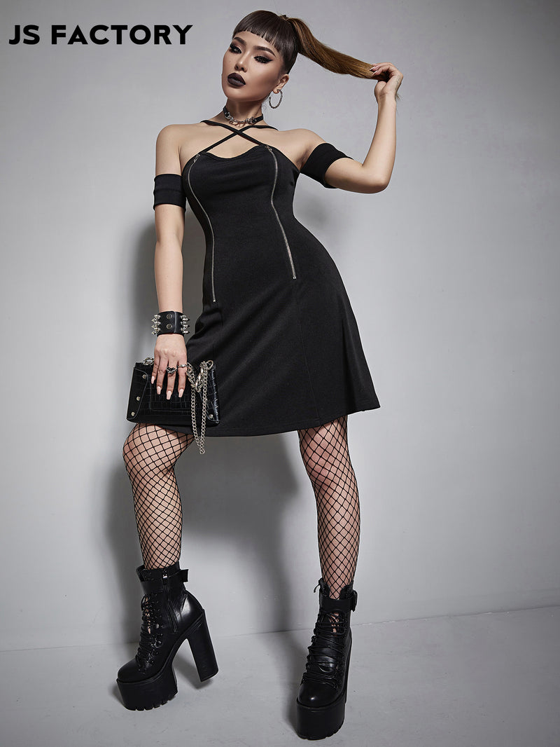 GothDark Solid Zipper Front Crisscross A-line Dress