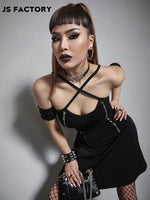 GothDark Solid Zipper Front Crisscross A-line Dress