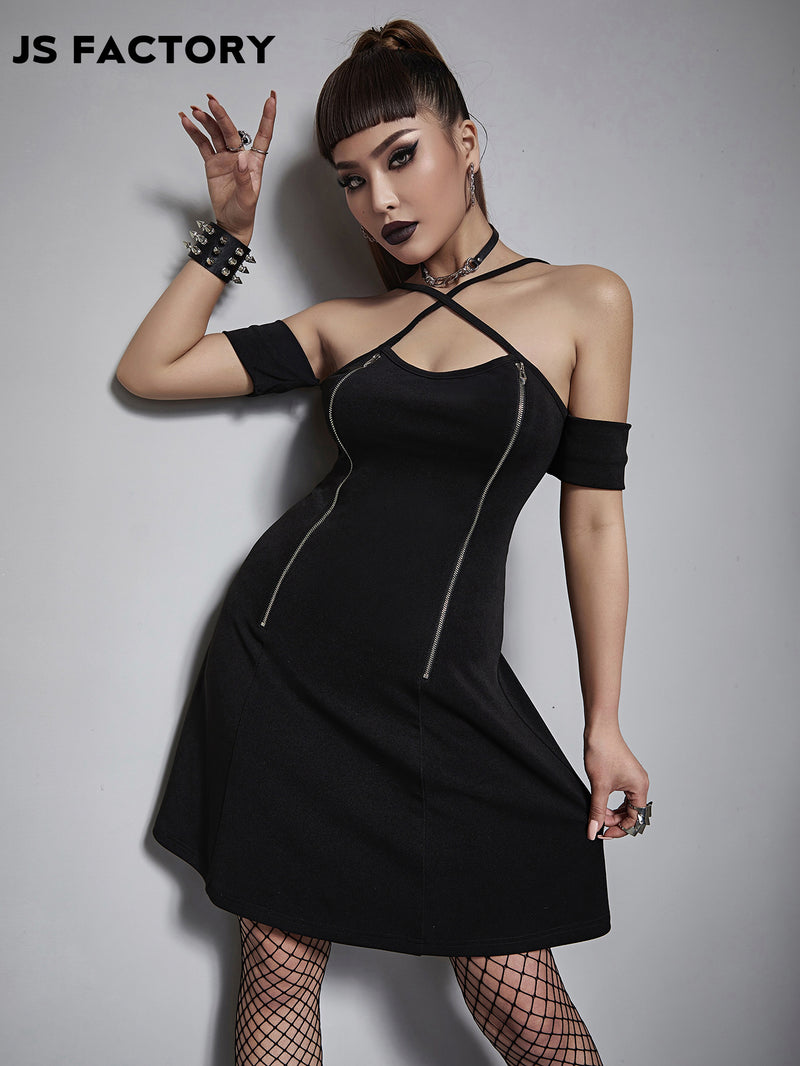 GothDark Solid Zipper Front Crisscross A-line Dress