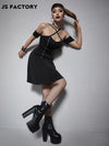 GothDark Solid Zipper Front Crisscross A-line Dress