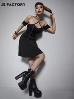 GothDark Solid Zipper Front Crisscross A-line Dress