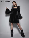 GothDark Solid Flounce Sleeve Velvet Dress