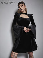 GothDark Solid Flounce Sleeve Velvet Dress