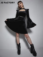 GothDark Solid Flounce Sleeve Velvet Dress