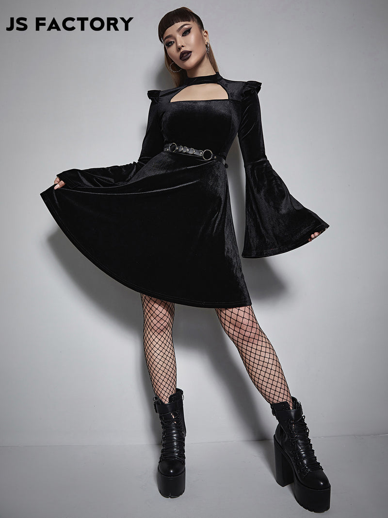 GothDark Solid Flounce Sleeve Velvet Dress