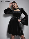 GothDark Solid Flounce Sleeve Velvet Dress
