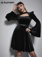 GothDark Solid Flounce Sleeve Velvet Dress