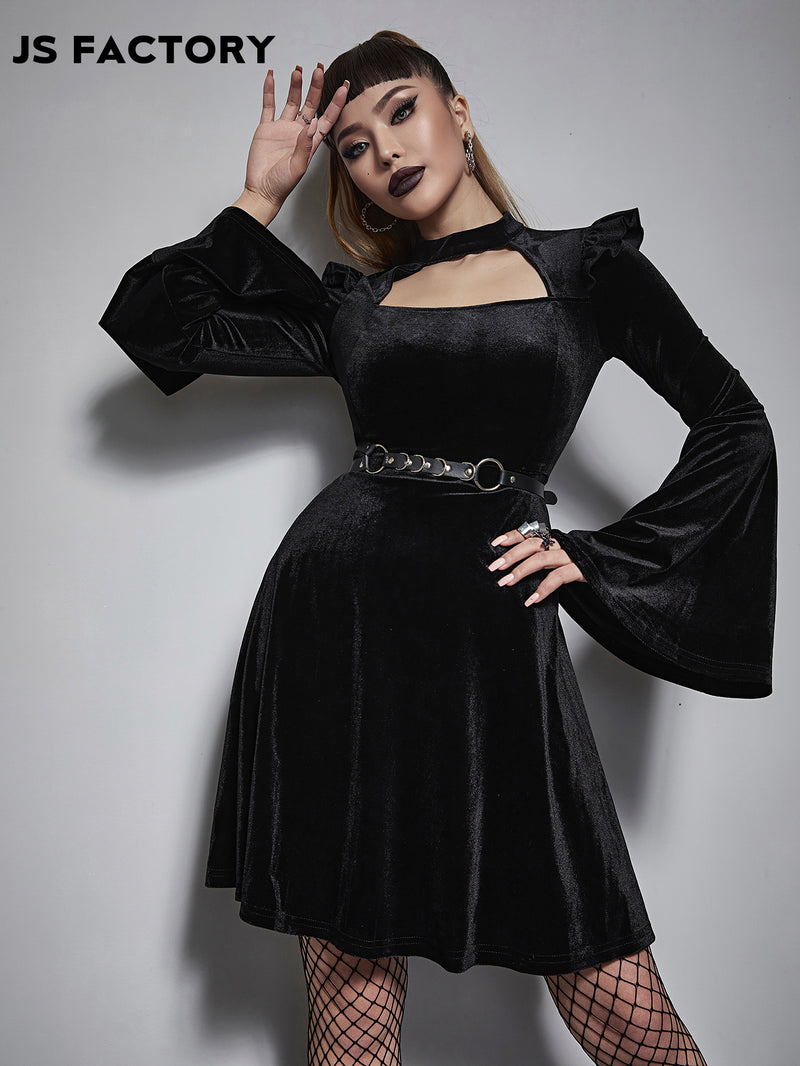 GothDark Solid Flounce Sleeve Velvet Dress