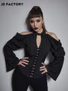 GothDark Cold Shoulder Bell Sleeve Hook and Eye Placket Top