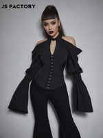 GothDark Cold Shoulder Bell Sleeve Hook and Eye Placket Top