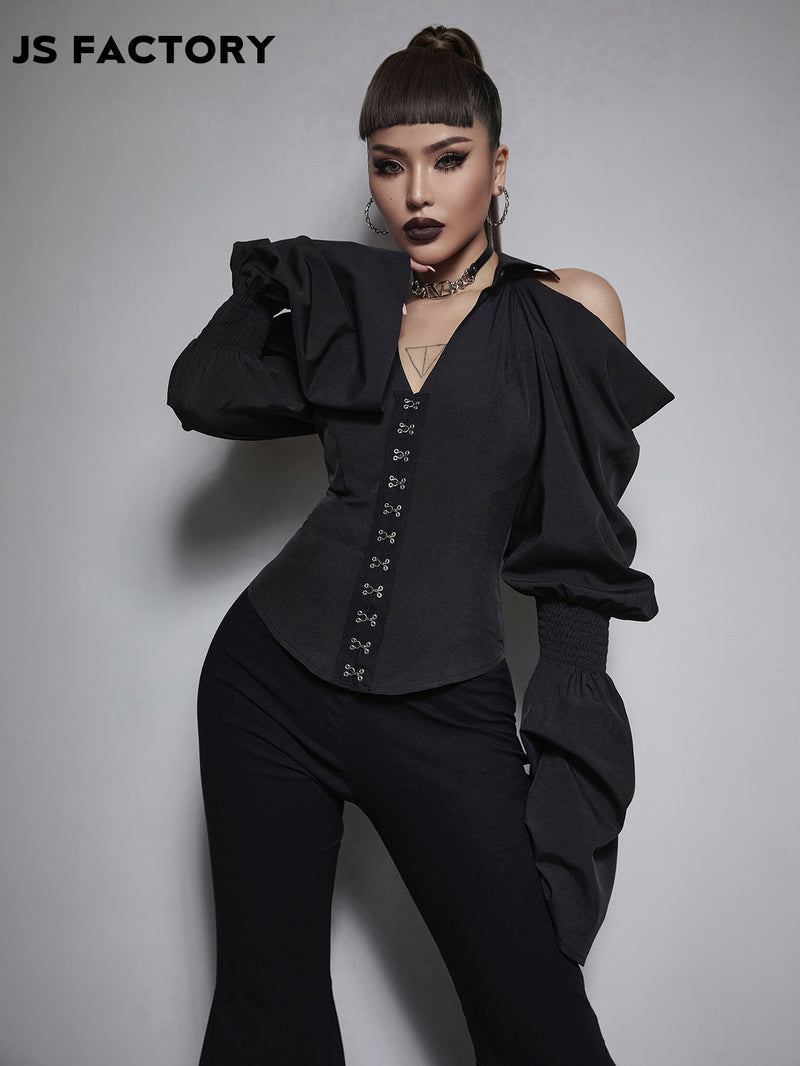 GothDark Cold Shoulder Bell Sleeve Hook and Eye Placket Top