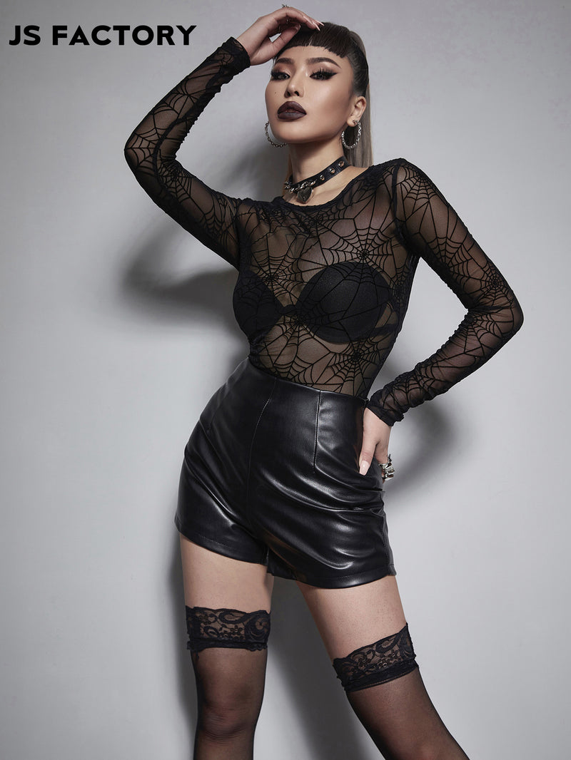 GothDark Spider Web Print Mesh Bodysuit