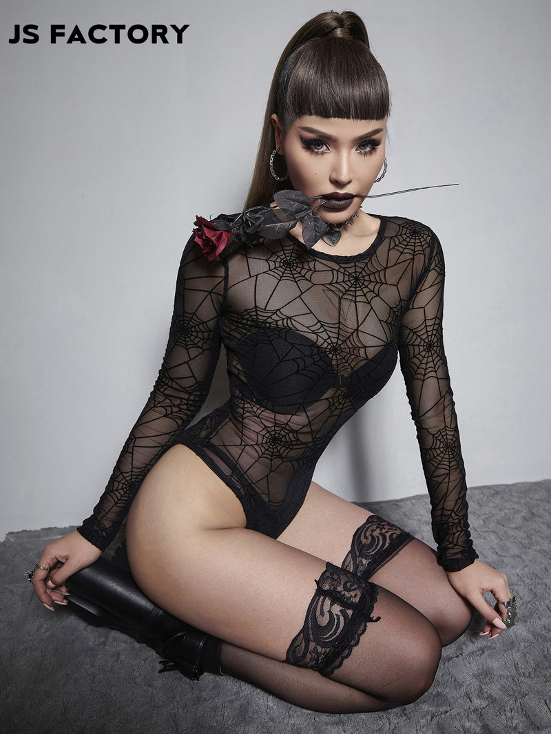 GothDark Spider Web Print Mesh Bodysuit