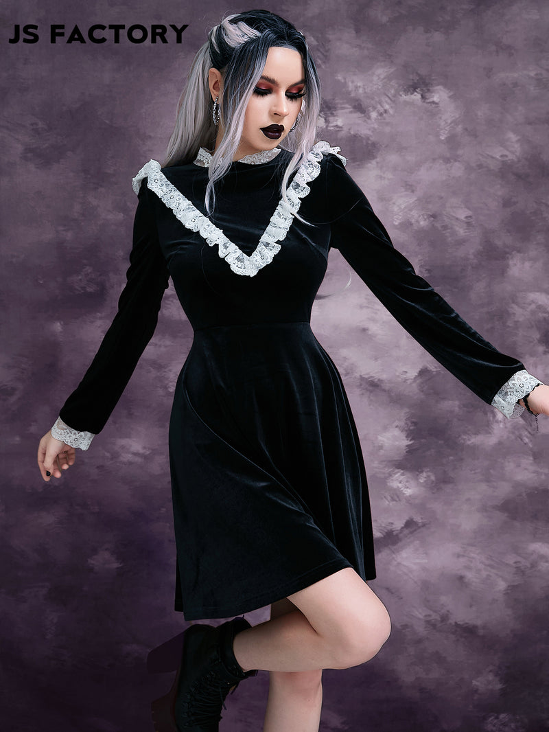 GothDark Contrast Lace Frill Trim Velvet Dress