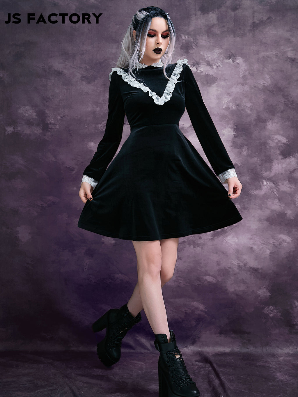 GothDark Contrast Lace Frill Trim Velvet Dress