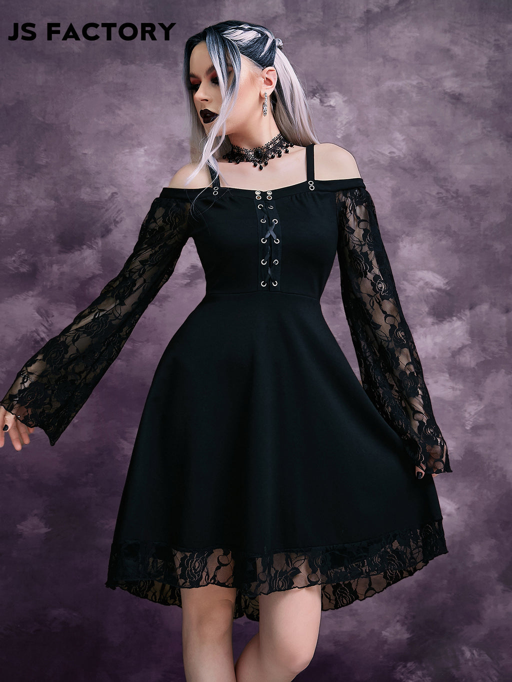 GothDark Cold Shoulder Grommet Lace Up Dress