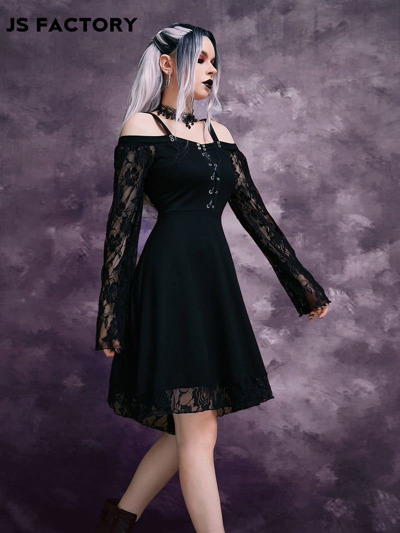 GothDark Cold Shoulder Grommet Lace Up Dress