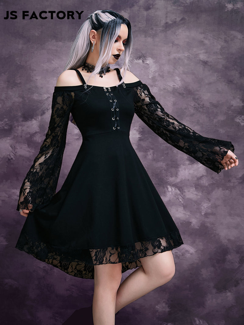 GothDark Cold Shoulder Grommet Lace Up Dress