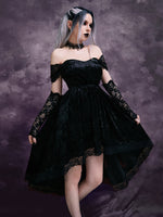 GothDark Off Shoulder Contrast Lace High Low Hem Velvet Dress Without Gloves