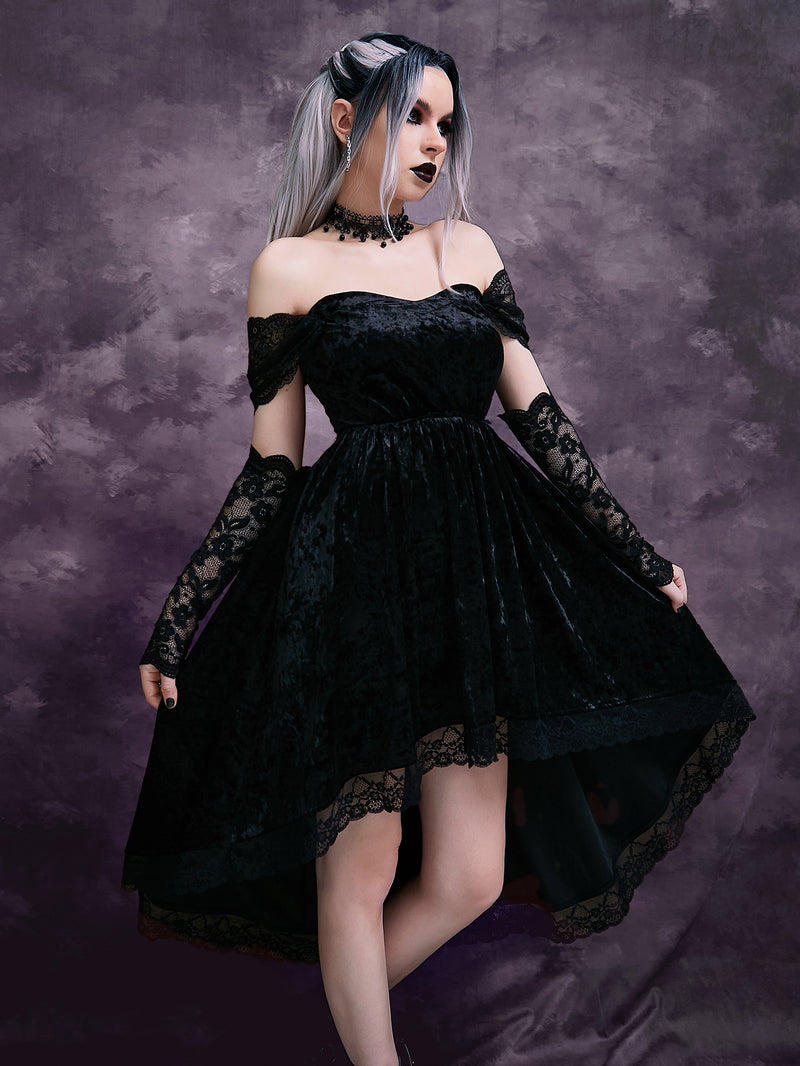 GothDark Off Shoulder Contrast Lace High Low Hem Velvet Dress Without Gloves