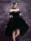 GothDark Off Shoulder Contrast Lace High Low Hem Velvet Dress Without Gloves