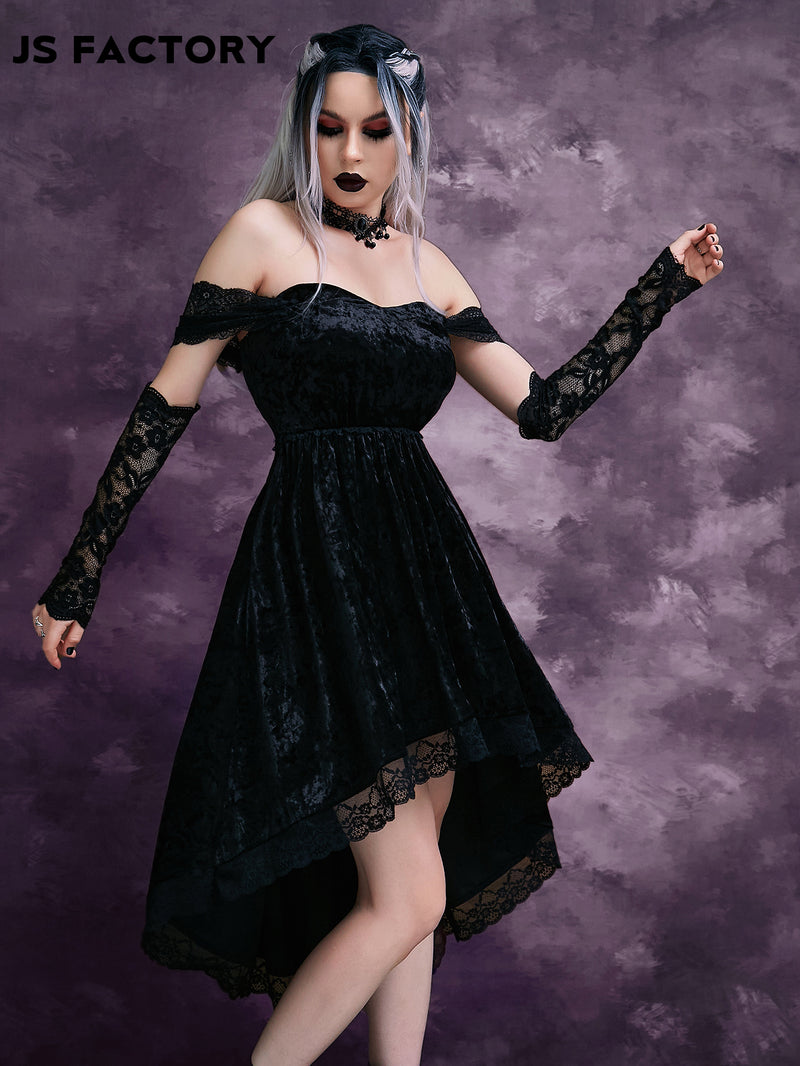 GothDark Off Shoulder Contrast Lace High Low Hem Velvet Dress Without Gloves