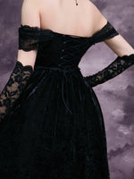 GothDark Off Shoulder Contrast Lace High Low Hem Velvet Dress Without Gloves