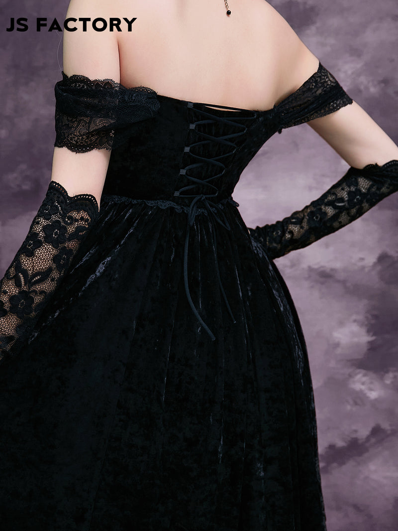 GothDark Off Shoulder Contrast Lace High Low Hem Velvet Dress Without Gloves