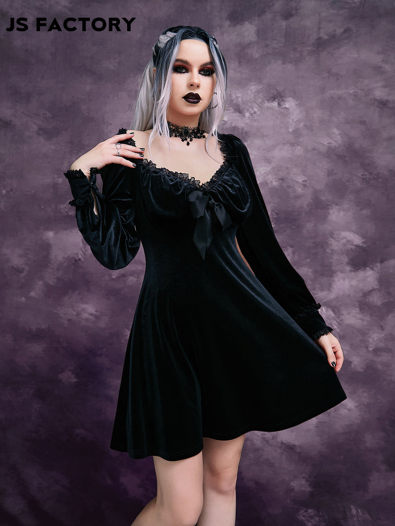 GothDark Lace Trim Bow Front Velvet Dress