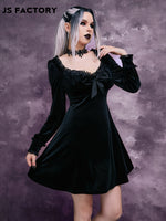 GothDark Lace Trim Bow Front Velvet Dress