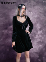 GothDark Lace Trim Bow Front Velvet Dress