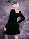 GothDark Lace Trim Bow Front Velvet Dress