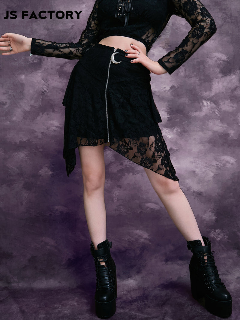 GothDark High Waist Moon Zipper Fly Lace Overlay Skirt