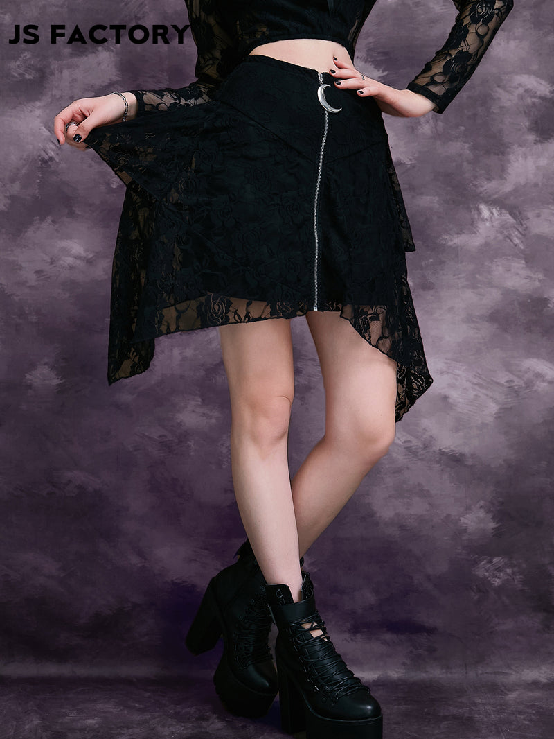 GothDark High Waist Moon Zipper Fly Lace Overlay Skirt