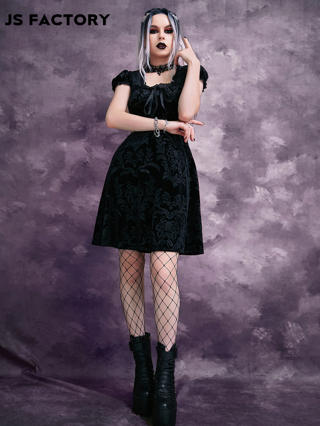 GothDark Jacquard Lace Trim Puff Sleeve Bow Front Dress Without Choker