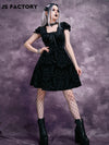 GothDark Jacquard Lace Trim Puff Sleeve Bow Front Dress Without Choker