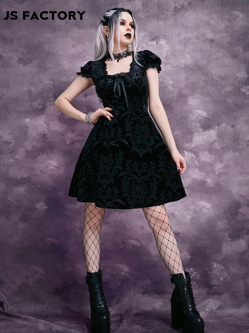 GothDark Jacquard Lace Trim Puff Sleeve Bow Front Dress Without Choker