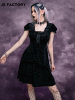 GothDark Jacquard Lace Trim Puff Sleeve Bow Front Dress Without Choker