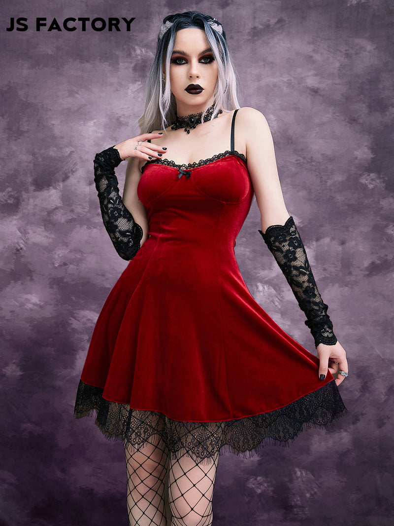 GothDark Eyelash Lace Trim Bustier Velvet Cami Dress Without Elbow Sleeve