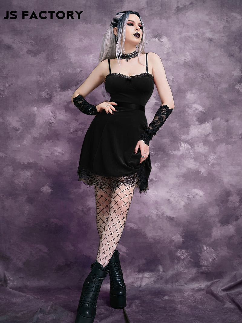 GothDark Eyelash Lace Trim Bustier Velvet Cami Dress Without Elbow Sleeve