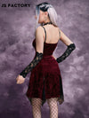 GothDark Lightweight Contrast Lace Bow Front Asymmetrical Hem Velvet Cami Dress Without Gloves