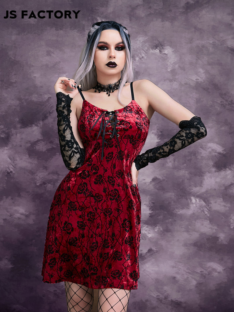 GothDark Allover Floral Print Lace Up Front Velvet Slip Dress Without Gloves