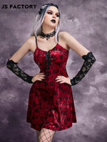 GothDark Allover Floral Print Lace Up Front Velvet Slip Dress Without Gloves