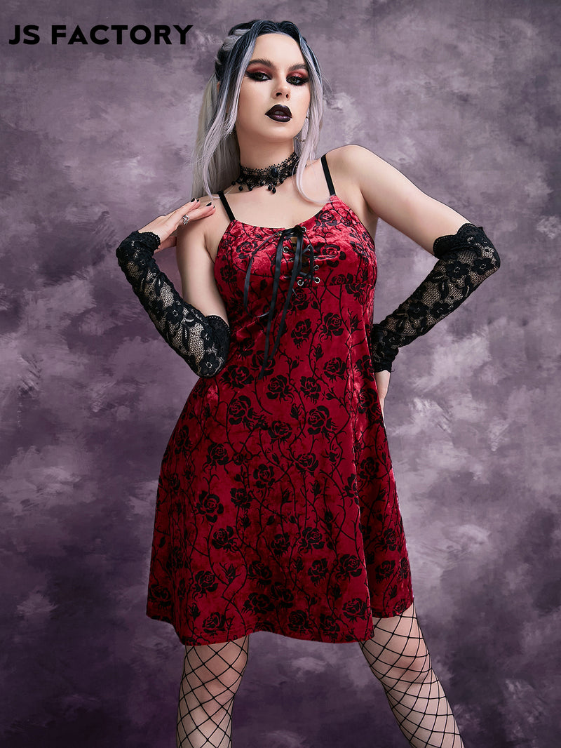 GothDark Allover Floral Print Lace Up Front Velvet Slip Dress Without Gloves